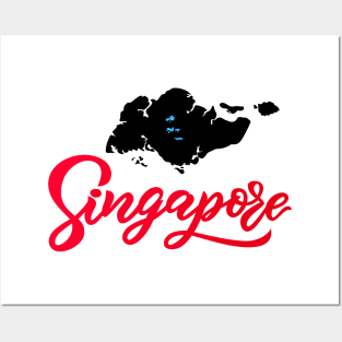 Hand lettering modern calligraphy Singapore text with map silhouette black color. Posters and Art